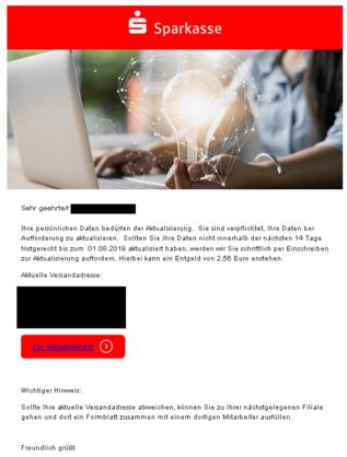 Eine angebliche E-Mail der Sparkasse (Source: https://www.verbraucherzentrale.de) Eine angebliche E-Mail der Sparkasse