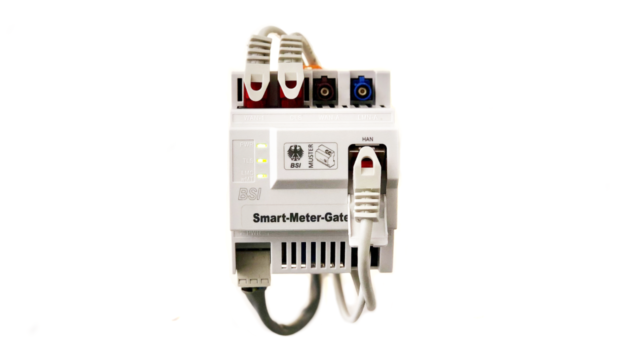 Musterstück eines Smart Meter Gateways: Mehrere Kabel sind über das Messgerät miteinander verbunden. (Quelle: BSI) Musterstück eines Smart Meter Gateways: Mehrere Kabel sind über das Messgerät miteinander verbunden.