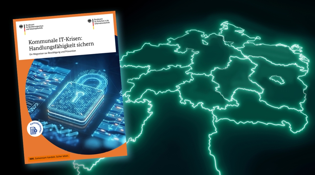 Deckblatt der Broschüre "Kommunale IT-Krisen: Handlungsfähigkeit sichern", dahinter eine Deutschlandkarte. (Quelle: BSI) Deckblatt der Broschüre "Kommunale IT-Krisen: Handlungsfähigkeit sichern", dahinter eine Deutschlandkarte.