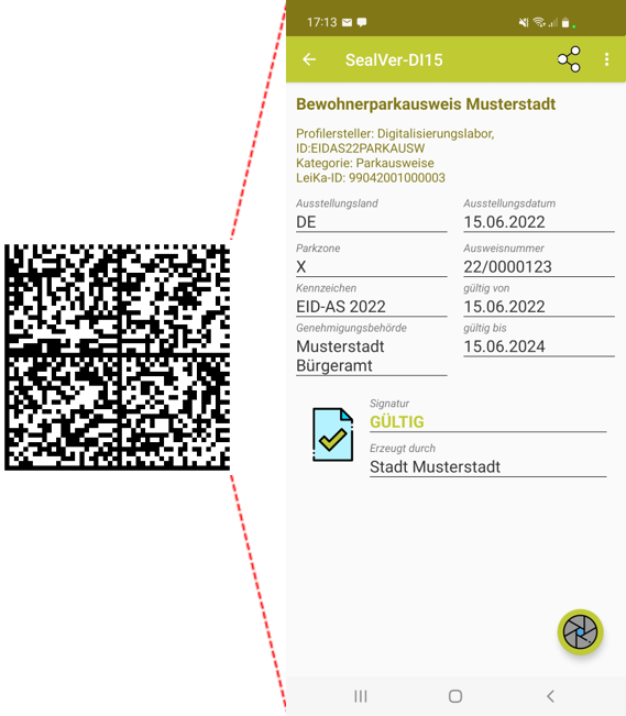 Ein Digitales Siegel, daneben der Screenshot eines Smartphones, der wesentliche Daten des Dokuments anzeigt.