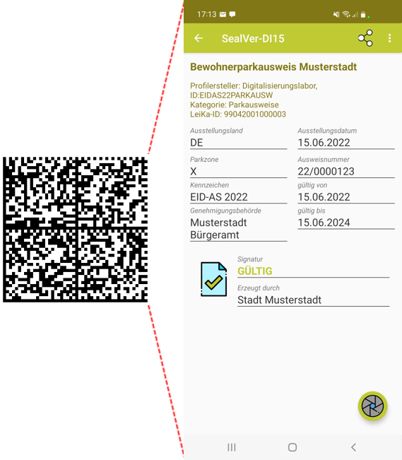 Ein Digitales Siegel, daneben der Screenshot eines Smartphones, der wesentliche Daten des Dokuments anzeigt. (Quelle: BSI) Ein Digitales Siegel, daneben der Screenshot eines Smartphones, der wesentliche Daten des Dokuments anzeigt.