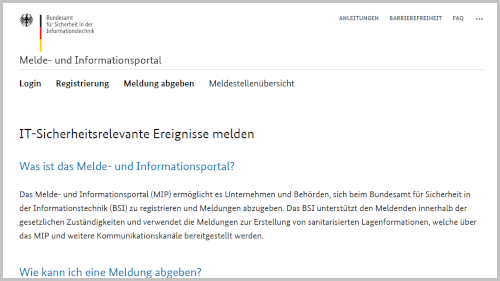Einstiegsseite des Melde- und Informationsportals (MIP) (Quelle: BSI) Einstiegsseite des Melde- und Informationsportals (MIP) (Bild hat eine Langbeschreibung)