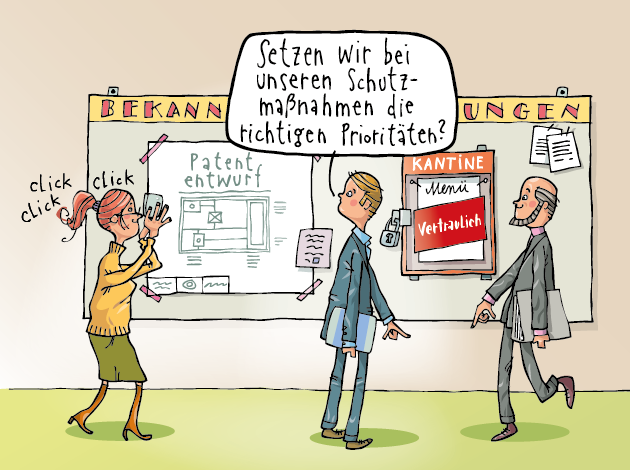 Informationssicherheitsbeauftragter vor Bekanntmachungs-Aushängen mit ungeschütztem Patent und vertraulichem Menüplan Informationssicherheitsbeauftragter vor Bekanntmachungs-Aushängen mit ungeschütztem Patent und vertraulichem Menüplan