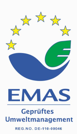 EMAS-Logo für geprüftes Umweltmanagement und Reg-No. des BSI: DE-110-00046 (Quelle: Niederrheinische IHK) EMAS-Logo für geprüftes Umweltmanagement und Reg-No. des BSI: DE-110-00046