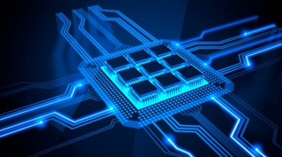 Prozessorchip in leuchtendem blau auf dunklem Hintergrund. (Quelle: © KTSDESIGN/ Science Photo/ Libary Getty Images) Prozessorchip in leuchtendem blau auf dunklem Hintergrund.