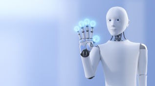 weißer winkender Roboter, blauer Hintergrund (Quelle: © Westend61 Getty Images) weißer winkender Roboter, blauer Hintergrund