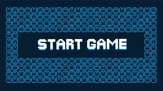 Online-Gaming-Quiz "Start Game"-Bildschirm im 80er-Jahre-Stil