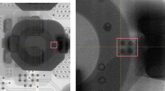 X-Ray image of Coil 2 (left image) and Coil 2 at the position at which the NXP A1006UK/TA1NXZ chip was implanted, zoomed in (right image) (Source: BSI) X-Ray image of Coil 2 (left image) and Coil 2 at the position at which the NXP A1006UK/TA1NXZ chip was implanted, zoomed in (right image)